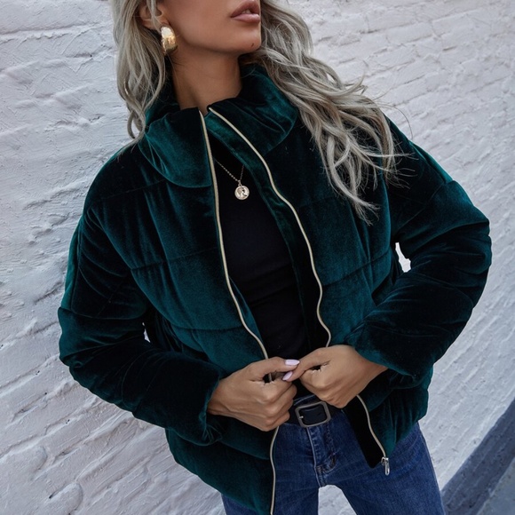 Cozy emerald green zipper velvet puffy bomber jacket Coat - Picture 2 of 7